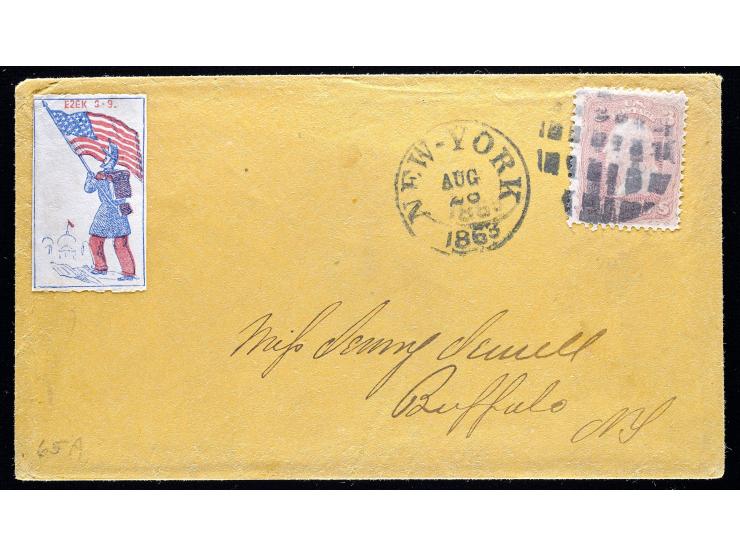 Civil War Patriotic Label, Ezek 3-9, Soldier with Flag, with #65 3c Rose Tied by Segmented Grid Cork Cancel on 1863 Cover