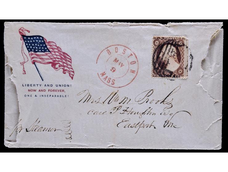 Civil War Patriotic Cover with #26 3c Red Tied by Boston PAID in Grid, "Per Steamer" Directive