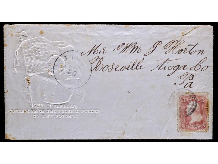 Civil War Patriotic Cover, Embossed General McClellan, #65 3c Red, Tied by Grid Cancel to Pennsylvania