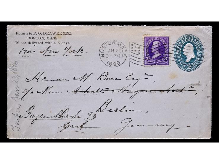 #268 1895 3c Purple Used on U305 2c Green Entire on 1896 Transatlantic Cover from Boston to Berlin, Germany
