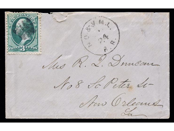 #158 3c Green, N.O. & V.M.L. R.R. Route Agent Handstamp on Cover to New Orleans, Louisiana