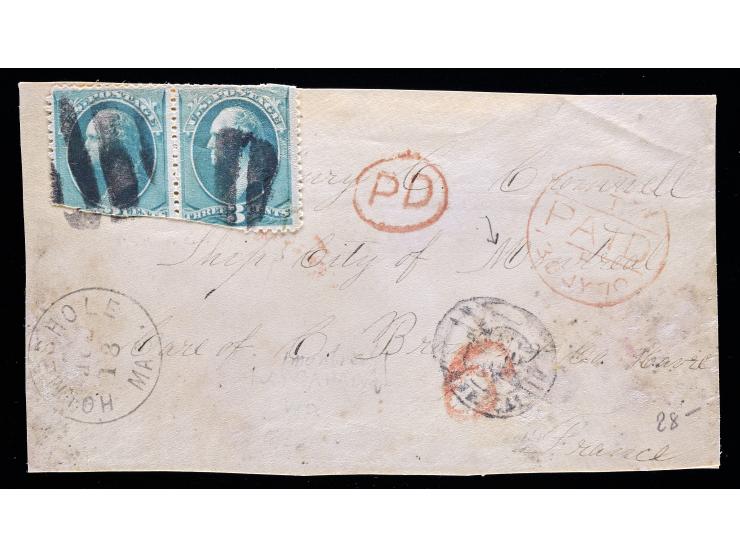 #147 3c Green, Horizontal Pair, Tied on 1870 Transatlantic Cover to France via Cunard Line, Overpaid