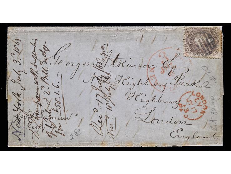 #70a, 24c Brown Lilac on 1863 Folded Letter from New York to London via Bremen with Red Exchange and London Paid Markings