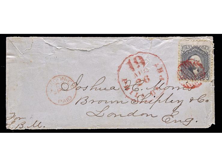 #70a, 24c Brownish Lilac, Tied by Red Circular Grid Cancel on Transatlantic Cover, Philadelphia to London