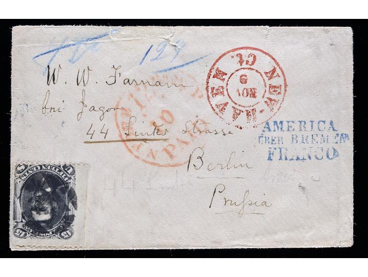 #77 15c Black, Tied by Killer on 1866 Transatlantic Cover from New Haven to Berlin, Prussia via Bremen-Hamburg Closed Mail