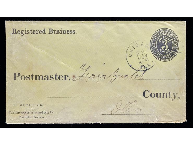 UO8 3c Black on White Entire Official Post Office, Registered Business Use, Used