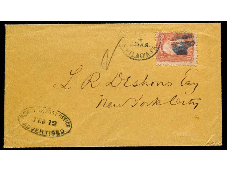 #65 3c Rose, Tied on Advertised Cover from Philadelphia to New York, New York Post Office Advertised Black Oval Handstamp