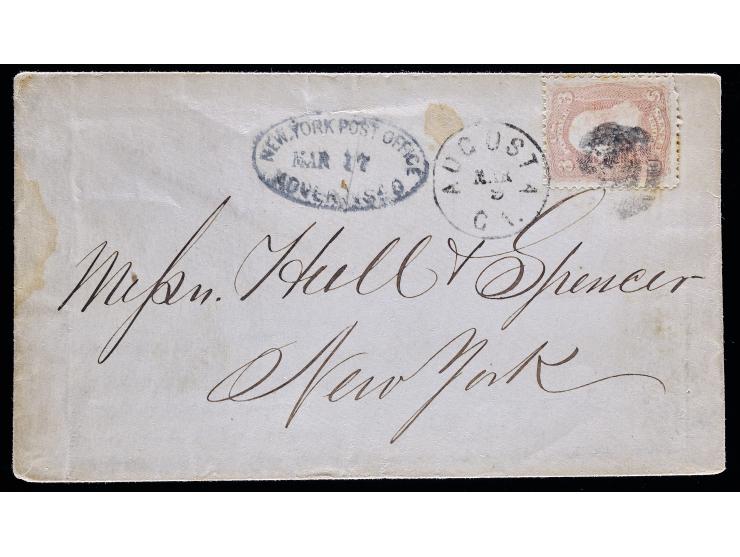 #65 3c Rose, Tied on Advertised Cover from Augusta, GA to New York, New York Post Office Advertised Black Oval Handstamp