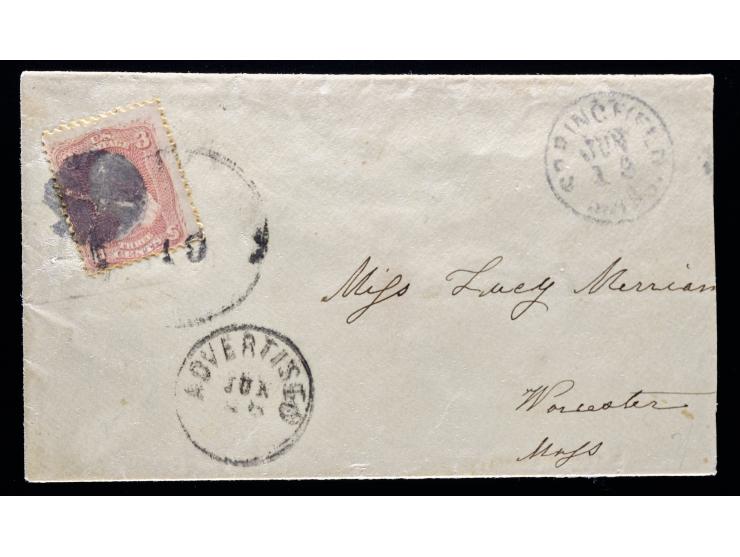 "Advertised" Circular Handstamp with #65 3c Rose, Tied on Cover to Worcester, Massachusetts