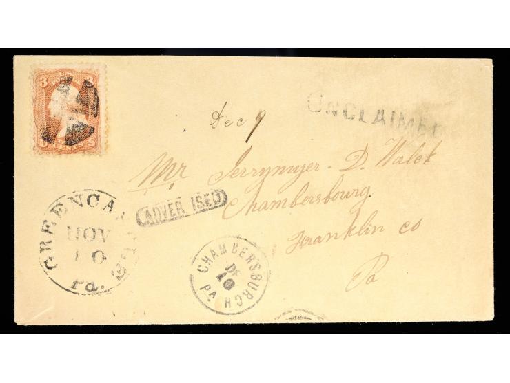 #44 3c Red with Cork Cancel on Cover from Greencastle to Chambersburg, Pennsylvania with Advertised and Unclaimed Markings