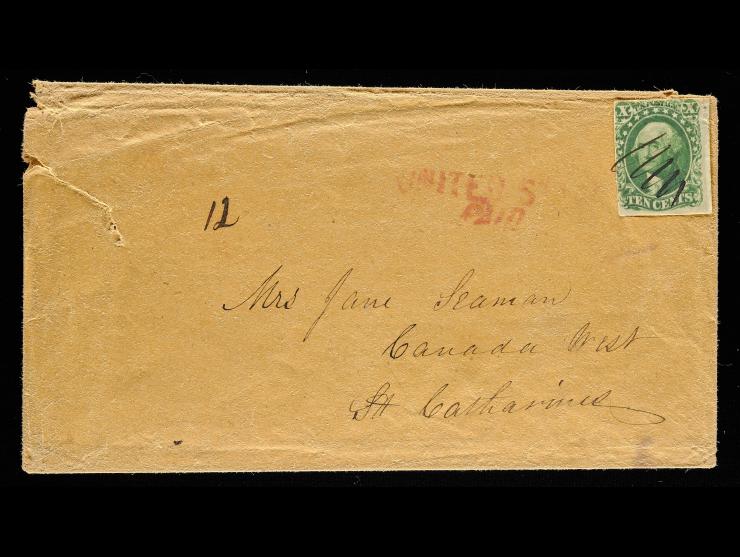 #14 1855 10c Green, on Cover to St. Catherine, Canada West, Red “United States Paid”, Manuscript "12"