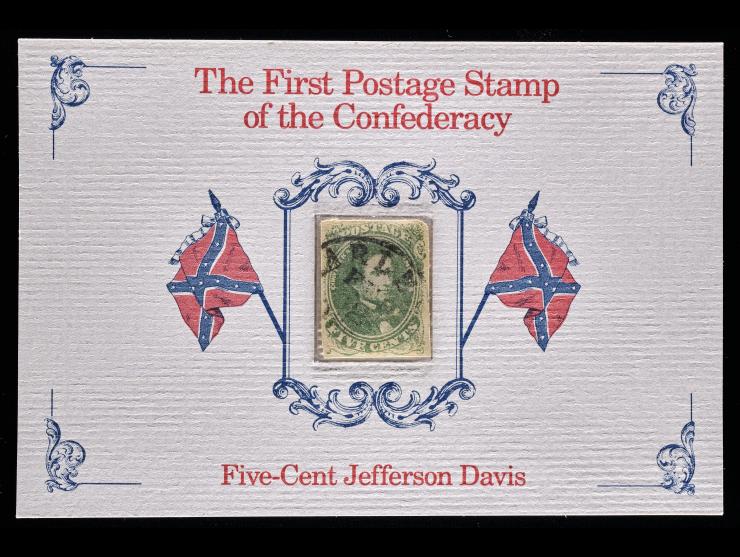 Confederate States of America, First Postage Stamp of The Confederacy Keepsake with CSA #1, 5c Green, Used