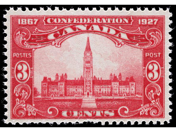 Canada #143, 1927 3c Parliament Building, 1927 Confederation, Unused, NH