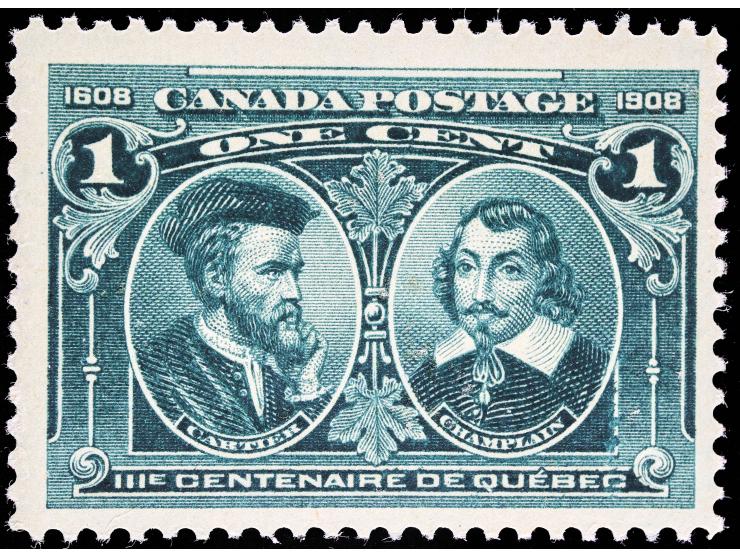 Canada #97 1908 1c Blue Green Quebec Tercentenary, Unused, NH