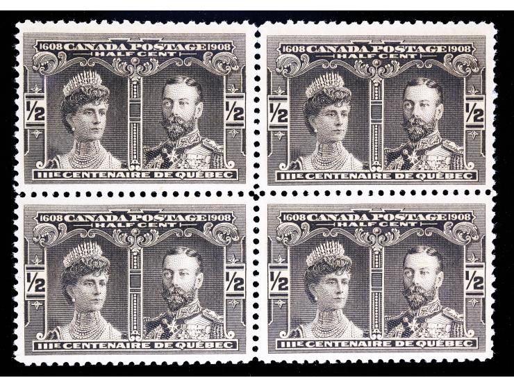 Canada #96 1908 1/2c Black Brown, Quebec Tercentenary, Unused, Block of Four, NH