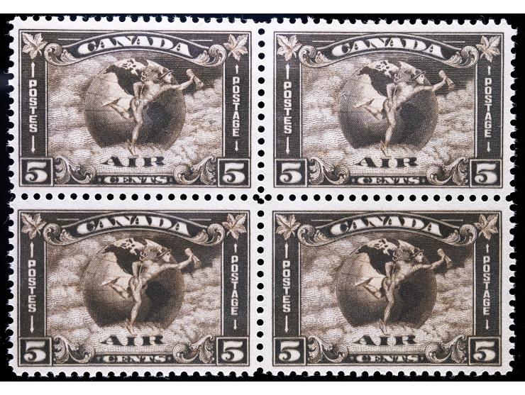 Canada #C2 5c Olive Brown Allegory of Flight Airmail, Unused, Block of Four, OG and NH