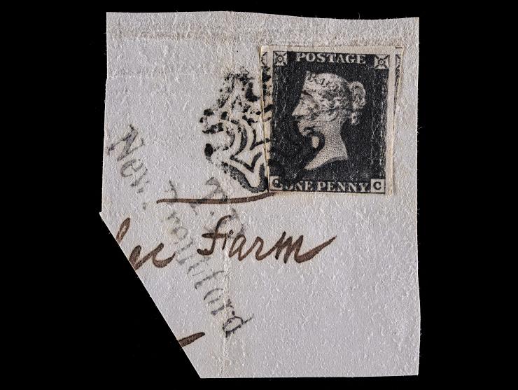 Great Britain, 1p Black,"Penny Black" On Piece Tied by Black Maltese Cross
