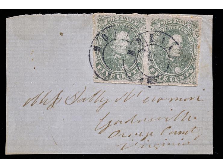 Confederate States of America, CSA #1, 5c Green, Horizontal Pair Tied on Piece to Virginia