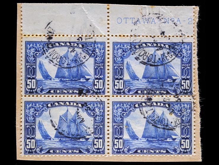 Canada #158 1929 Schooner Bluenose, Used, Block of Four on Piece