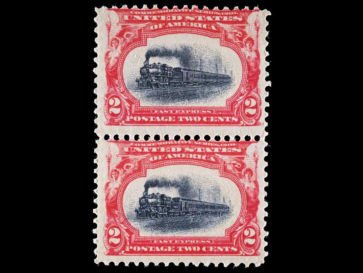 #295 1901 2c Carmine & Black, Empire State Express, Vertical Pair, Unused