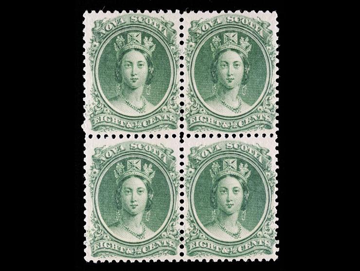 Nova Scotia #11 1860 8 1/2c Green on Yellowish, Unused, Block of Four, NH and PH