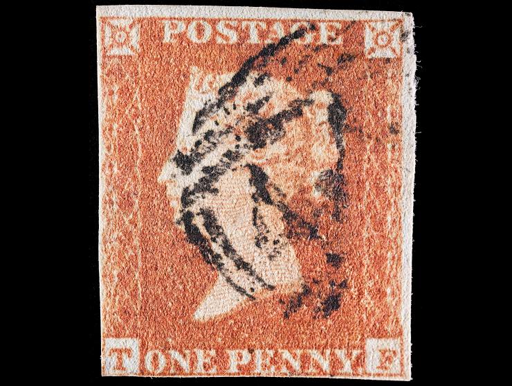 Great Britain #3, 1841 1p Red Brown, Used with Numeral in Bars Cancel