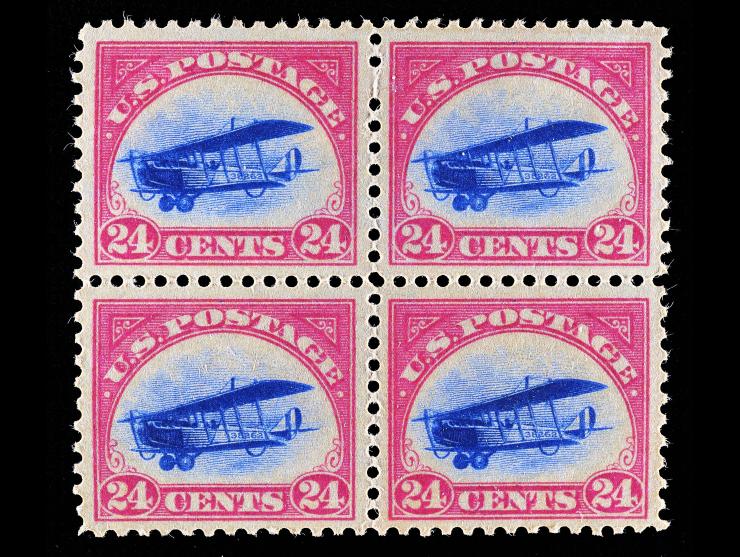 #C3 1918 24c Curtiss Jenny, Carmine Rose & Blue Airmail, Unused Block of Four