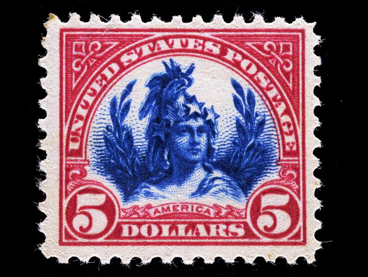 #573 1923 $5 Carmine and Blue, Unused