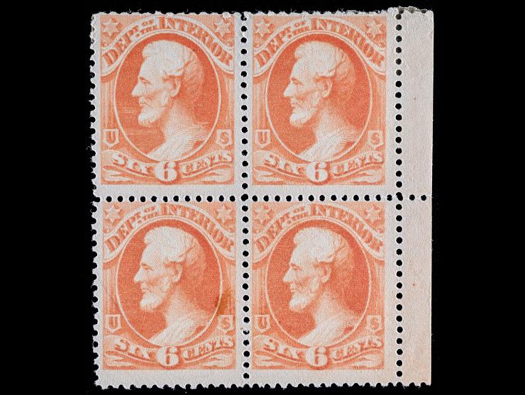 #O18 1873 6c Vermilion, Unused, Block of Four, NH