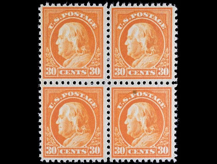 #516 1917 30c Orange Red, Unused, Block of Four, NH