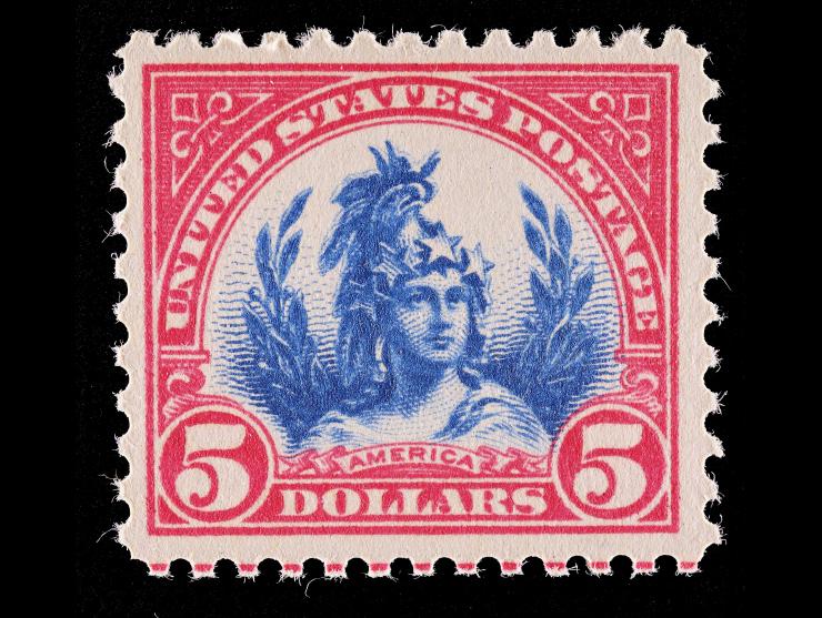 #573 $5 Carmine & Blue, Unused, NH