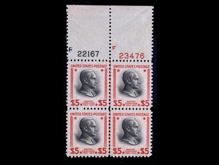 #834 $5 Carmine & Black Presidential, Plate Number Centerline Block of Four, Unused