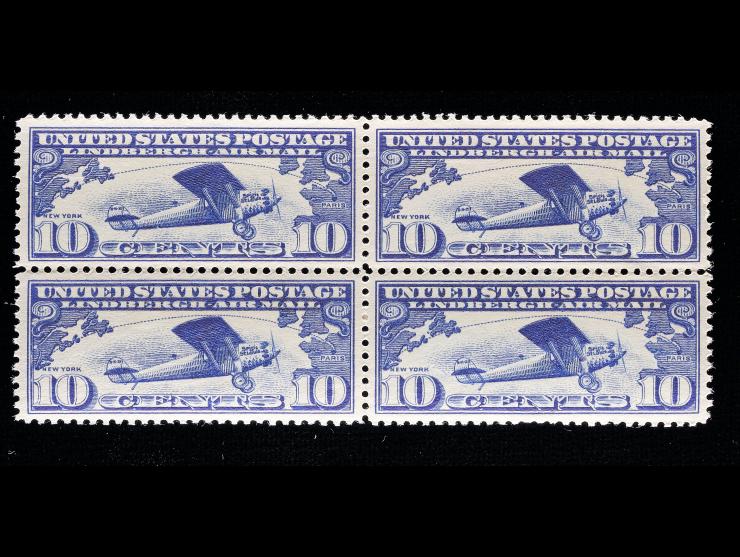 #C10 1927 10c Lindbergh's "Spirit of St. Louis", Dark Blue Airmail, Unused, Block of 4, NH