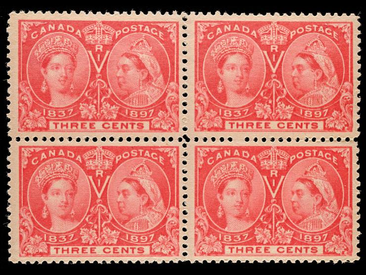 Canada #53 1897 3c Bright Rose, Queen Victoria Jubilee, Unused, Block of Four