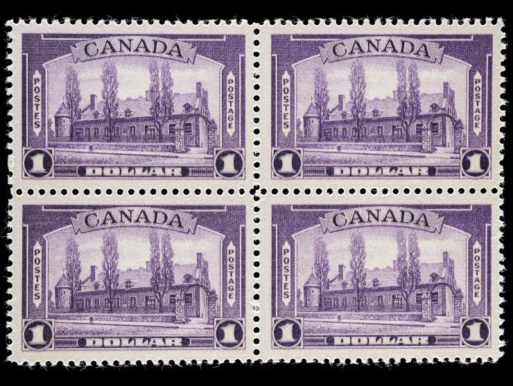 Canada #245 1938 $1 Chateau de Ramesay Pictorial, Unused, Block of Four, NH