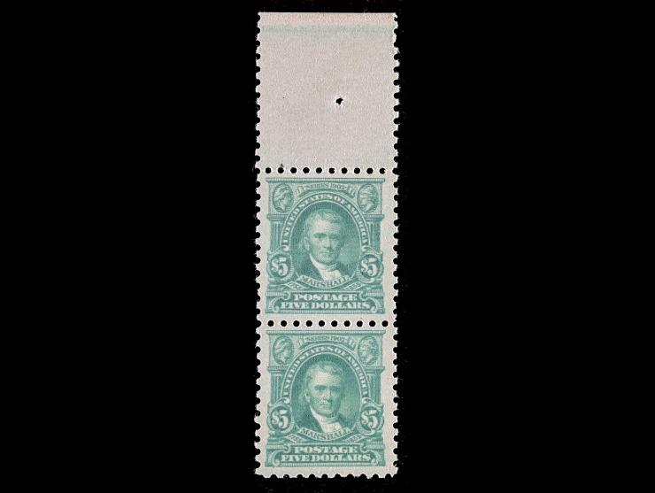 #480, $5.00 Light Green, 1917 Issue, Unused, Vertical Pair, Top Margin Selvage