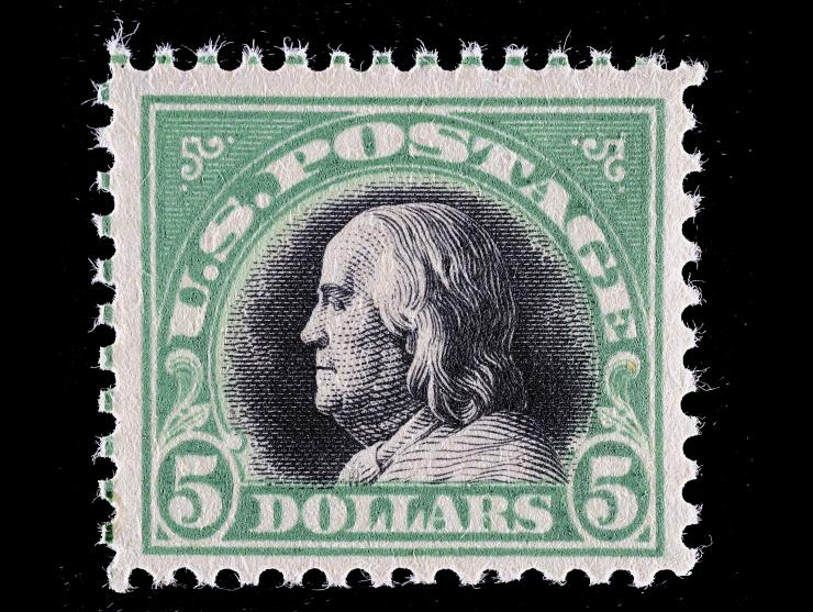 #524, $5.00 Green and Black, 1920 Issue, Unused, NH