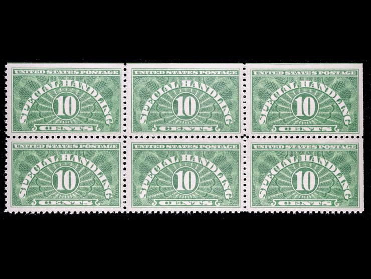 QE1, 10c Yellow Green, 1928 Special Handling Issue, Block of Six, Unused, NH