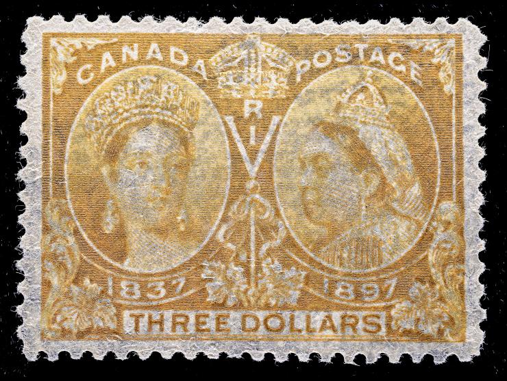 Canada #63, $3.00 Yellow Bister, 1897 Issue, Used with Roller Cancel