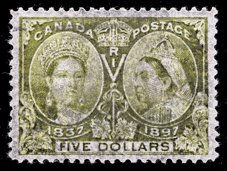 Canada #65 1897 $5 Olive Green, Used with Roller Cancel