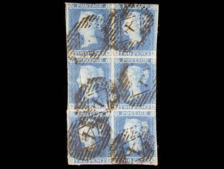 Great Britain #4, 2p Blue, 1841 Issue, Used, Block of Six