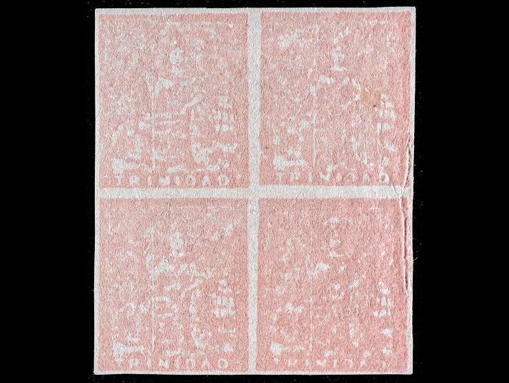 Trinidad #13, 1p Rose, 1855 Issue, Block of Four, Unused, NH and PH