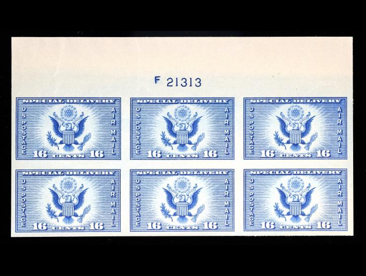 #771 1935 16c, Airmail Special Delivery, Imperf, Plate Number Block of Six, Unused