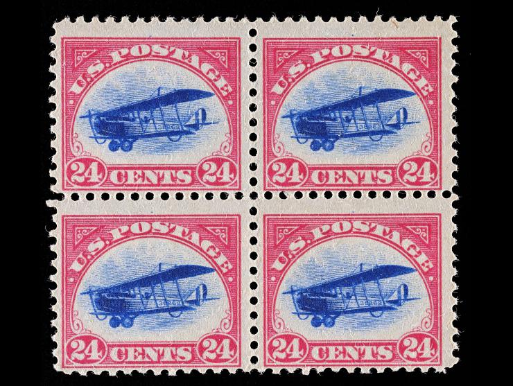 #C3 1918 24c Curtiss Jenny, Carmine Rose & Blue Airmail, Unused, Block of Four, NH