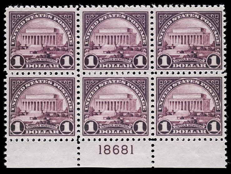 #571 1923 $1 Lincoln Memorial, Unused, Plate Number Single, NH